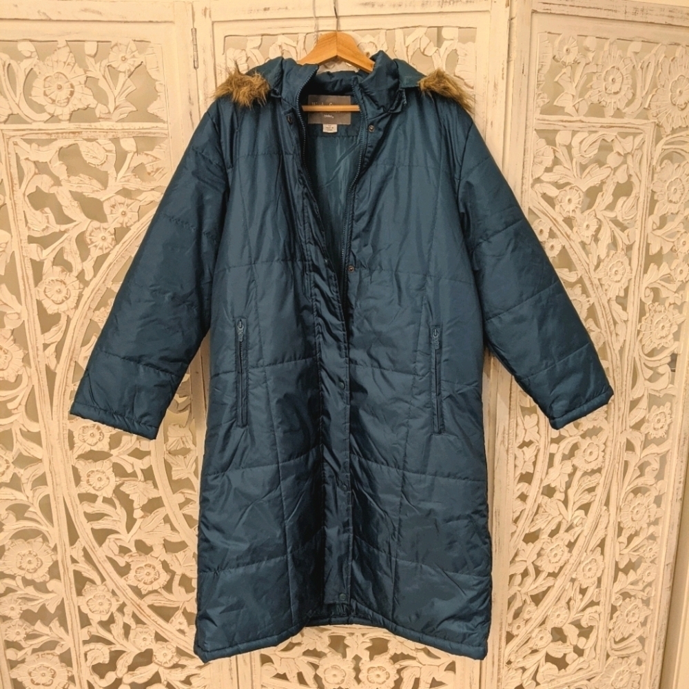 Totes long teal blue winter coat with faux fur hood size large